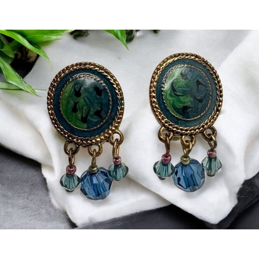 Vintage Blue Green Swirl Clip-On Earrings with Dangling Beads Antique Style